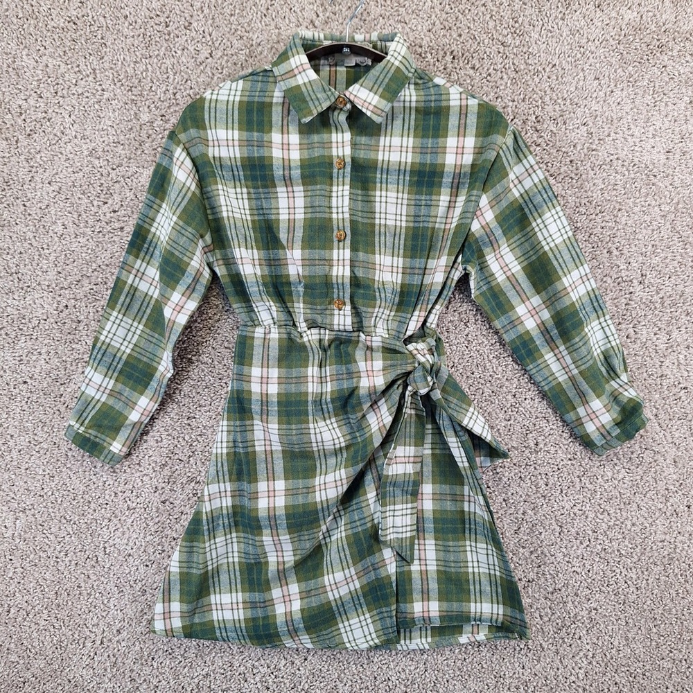 Btween Shirt Dress Girls 10 Green Plaid Long Sleeve Tie Waist Casual Preppy